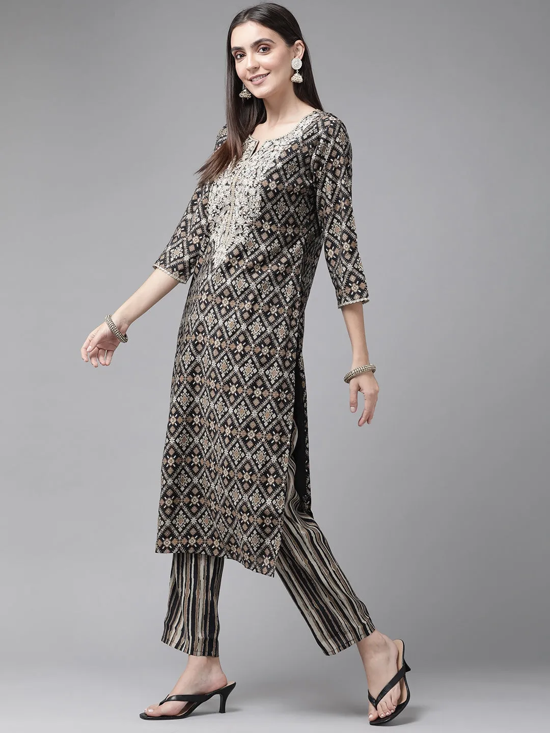 Black Ethnic Motifs Yoke Design Dupatta Set