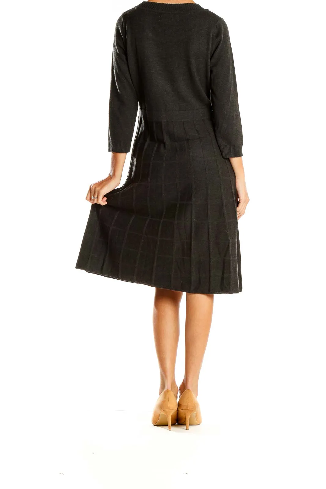 Black Pleated Knit Midi Dress