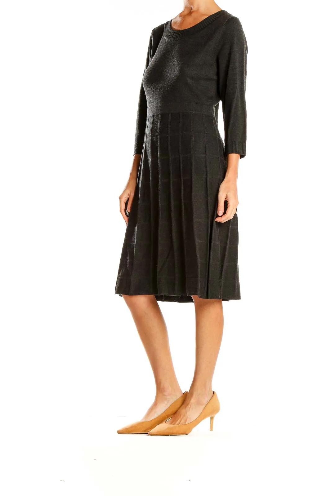 Black Pleated Knit Midi Dress