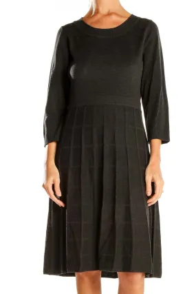 Black Pleated Knit Midi Dress