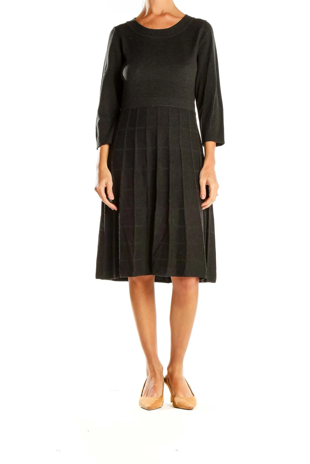 Black Pleated Knit Midi Dress