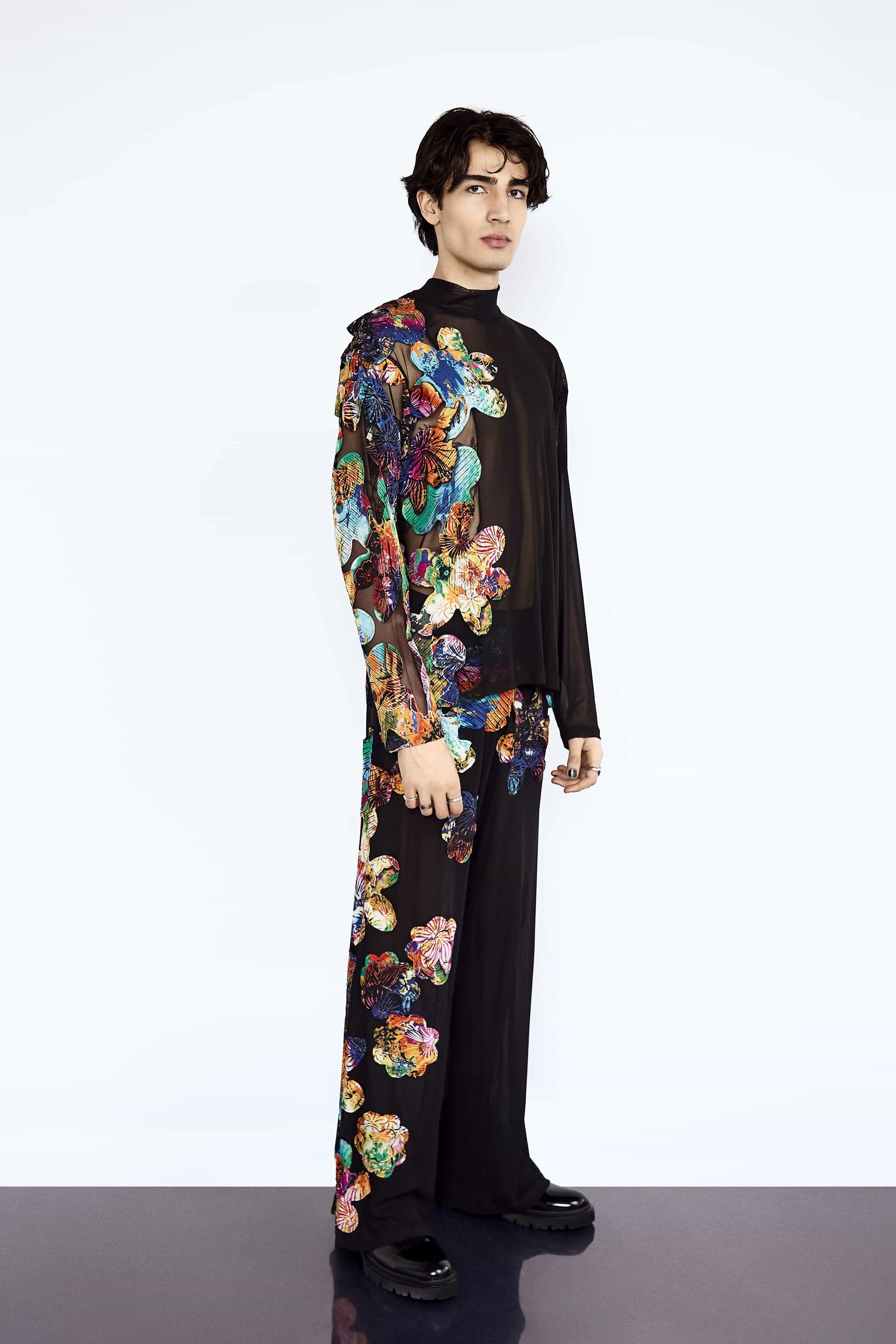 Black Sheer Mesh With Multi-Colour Flower Application Set