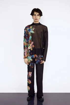 Black Sheer Mesh With Multi-Colour Flower Application Set