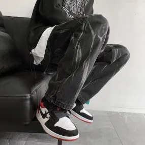 Black tie-dye jeans men's straight chic loose and handsome American oversize pants high street ins tide brand