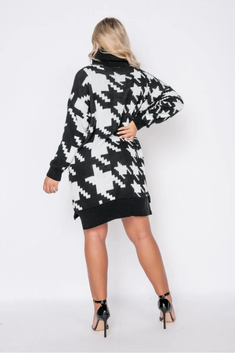 Black White Houndstooth Check Roll Neck Jumper Dress