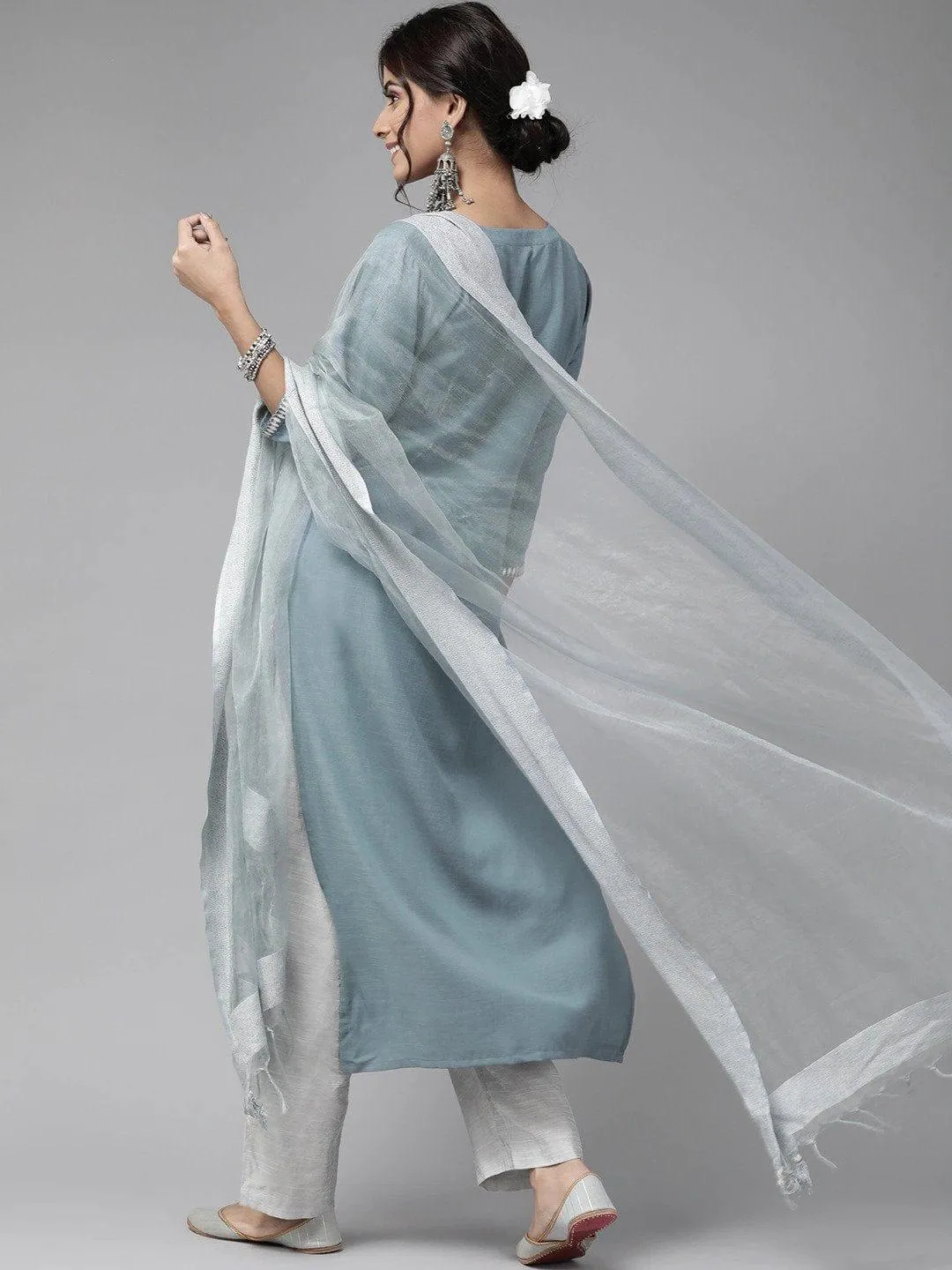 Blue & Grey Ethnic Motifs Yoke Design Kurta with Trousers & Dupatta
