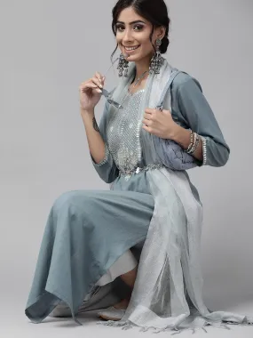 Blue & Grey Ethnic Motifs Yoke Design Kurta with Trousers & Dupatta