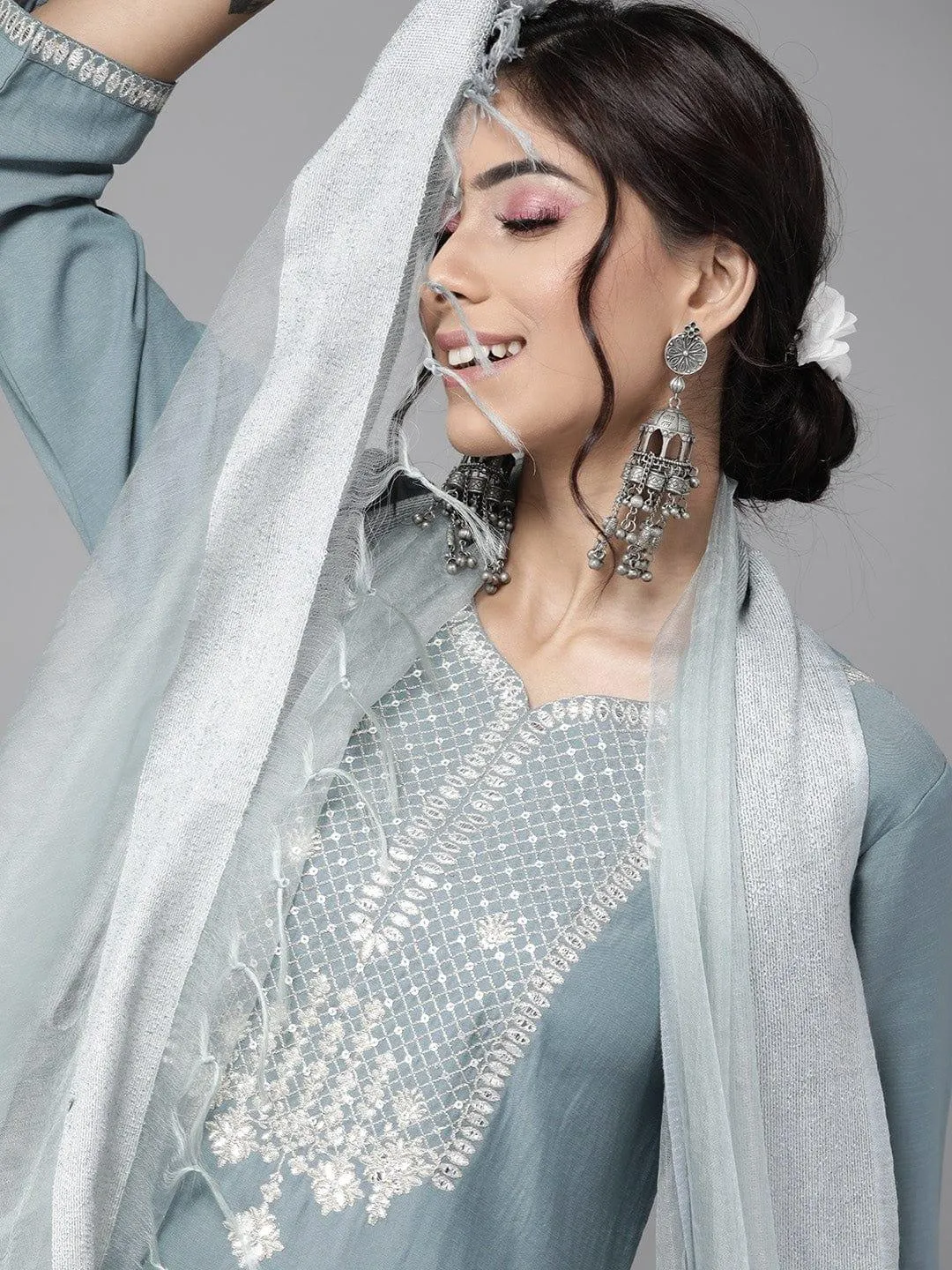 Blue & Grey Ethnic Motifs Yoke Design Kurta with Trousers & Dupatta