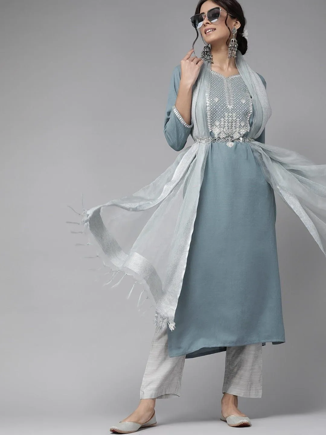 Blue & Grey Ethnic Motifs Yoke Design Kurta with Trousers & Dupatta
