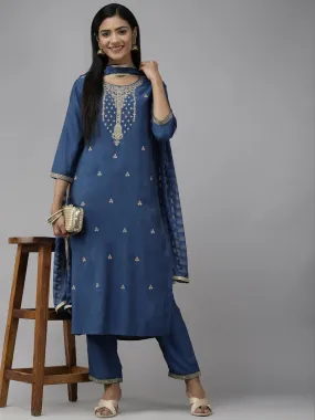 Blue Ethnic Motifs Embroidered Dupatta Set