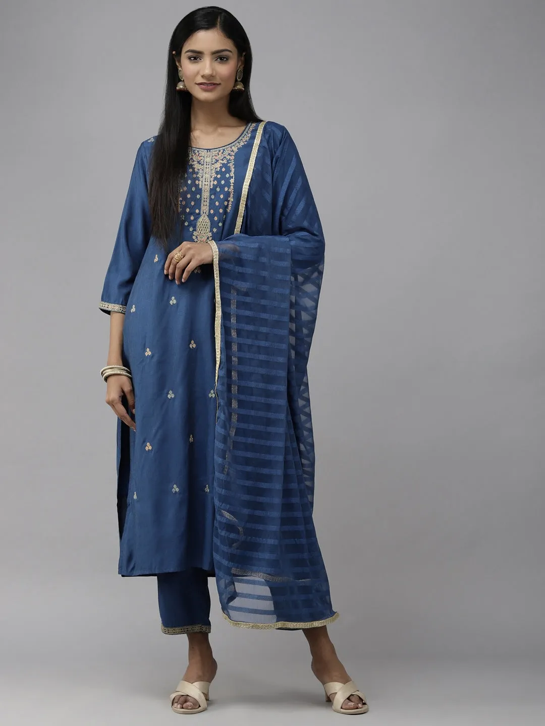 Blue Ethnic Motifs Embroidered Dupatta Set