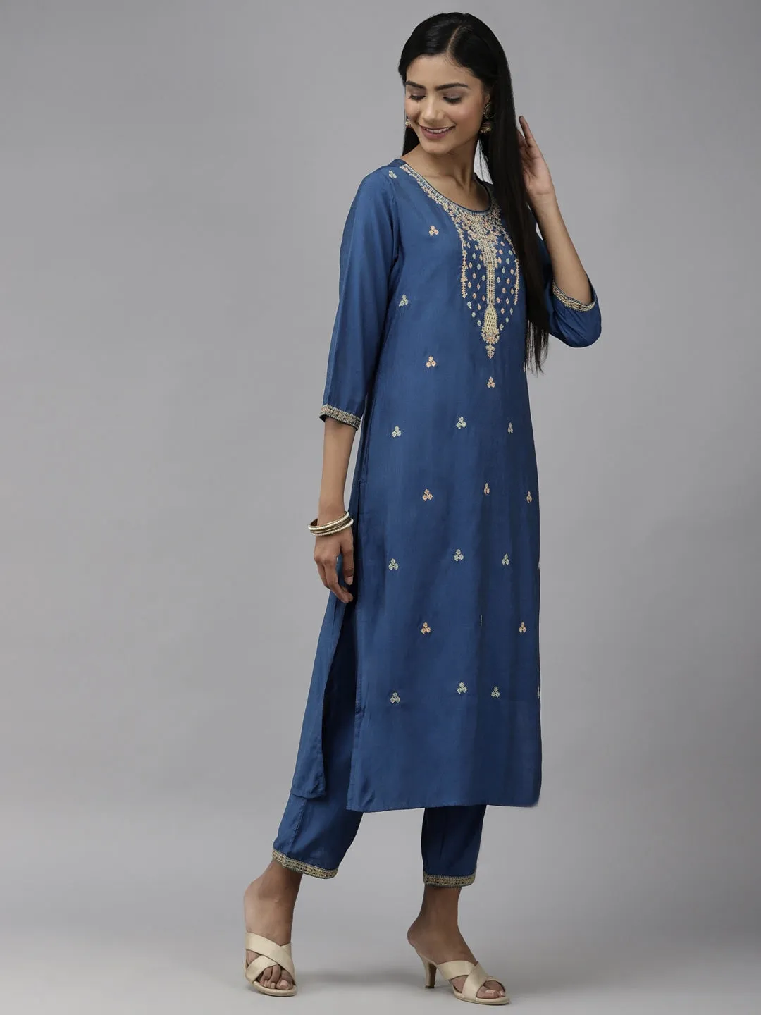 Blue Ethnic Motifs Embroidered Dupatta Set