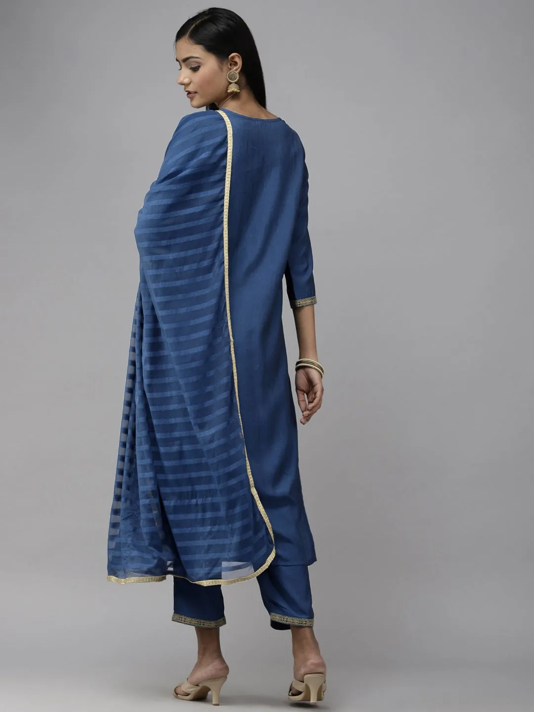 Blue Ethnic Motifs Embroidered Dupatta Set