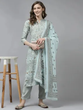 Blue Ethnic Motifs Printed Gota-Patti Dupatta Set