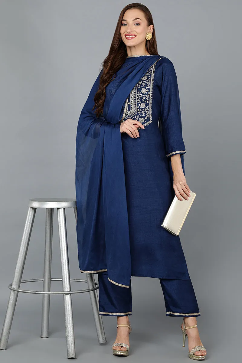 Blue Silk Blend Straight Yoke Design Kurta Pant With Dupatta