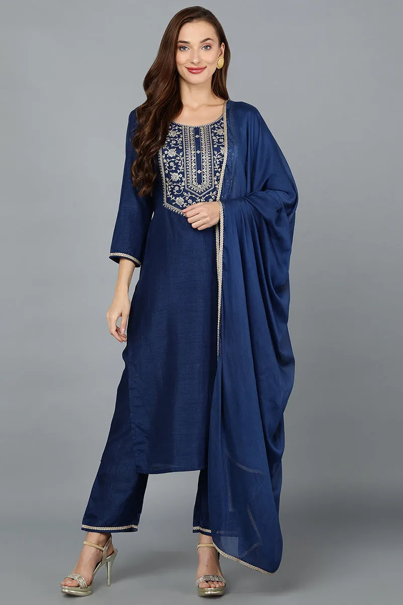 Blue Silk Blend Straight Yoke Design Kurta Pant With Dupatta