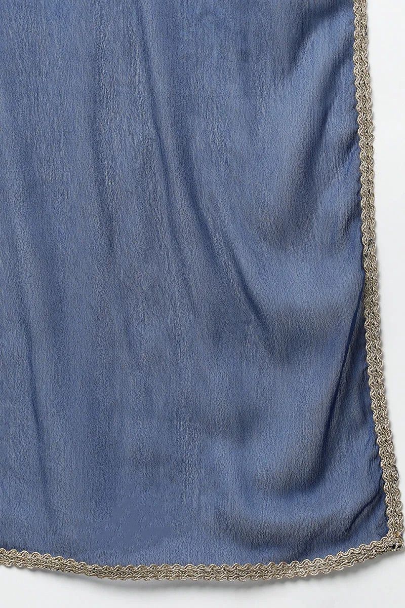 Blue Silk Blend Straight Yoke Design Kurta Pant With Dupatta