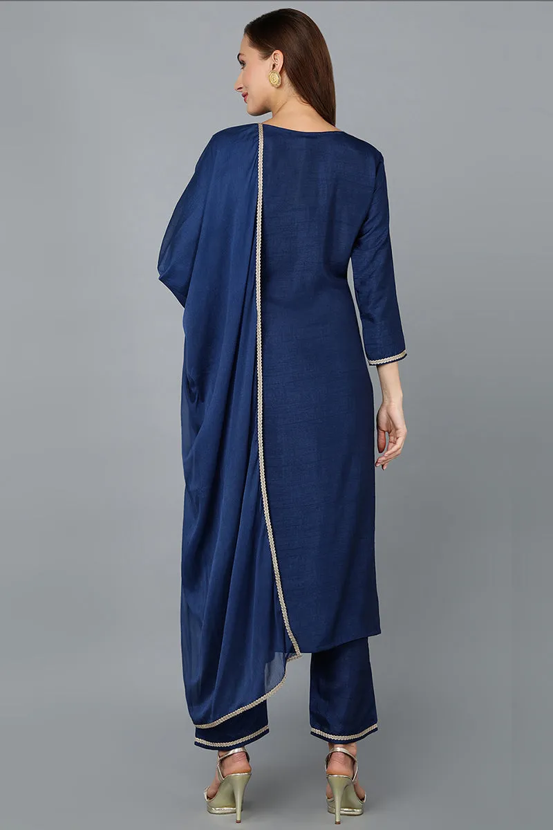 Blue Silk Blend Straight Yoke Design Kurta Pant With Dupatta