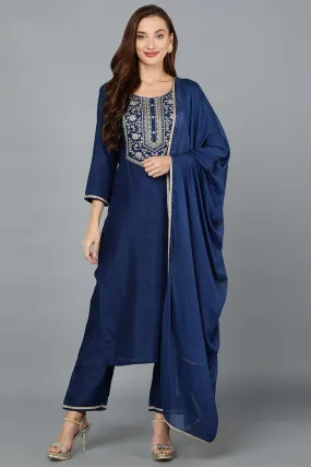 Blue Silk Blend Straight Yoke Design Kurta Pant With Dupatta