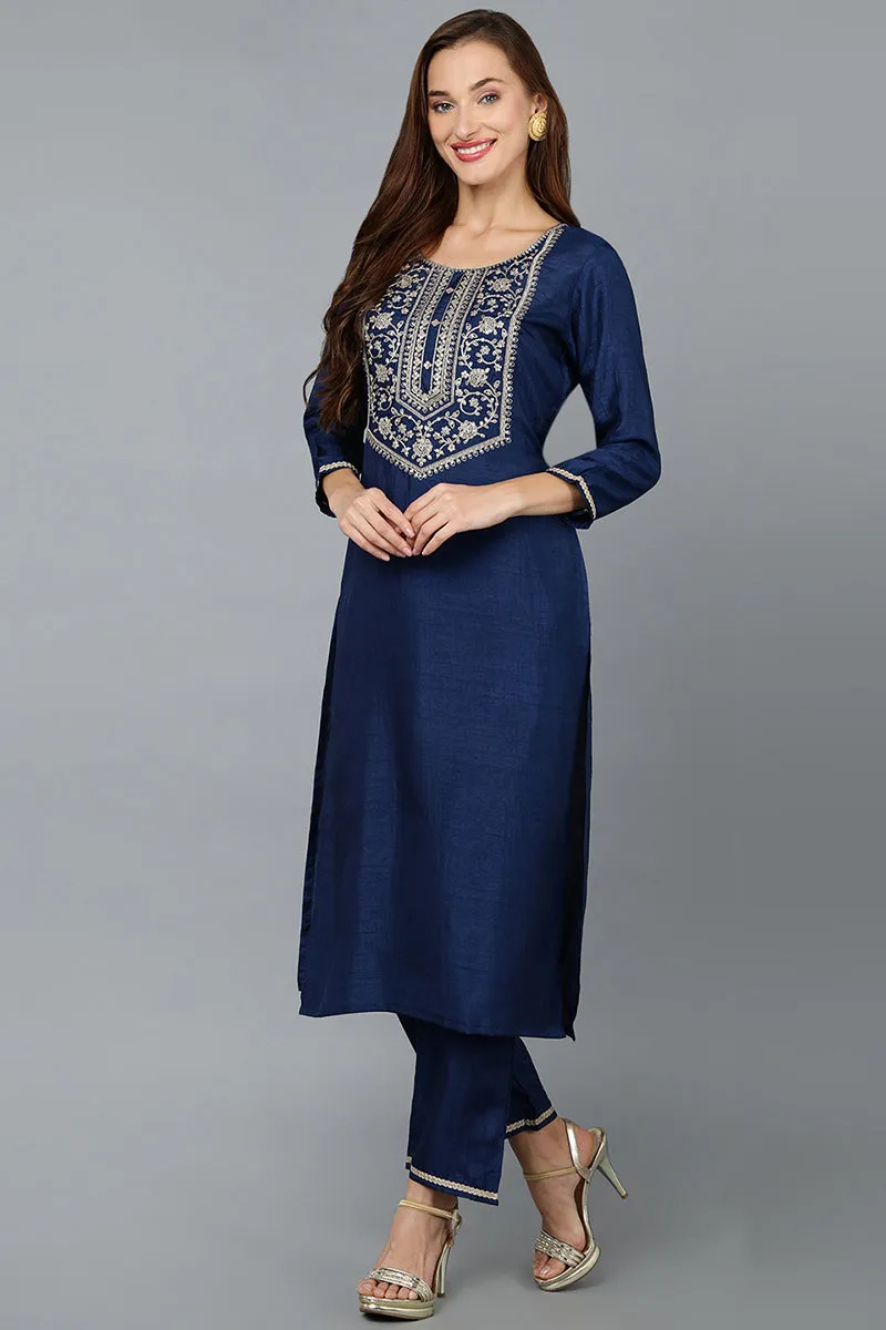 Blue Silk Blend Straight Yoke Design Kurta Pant With Dupatta
