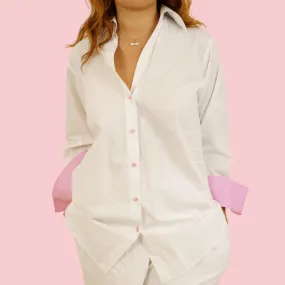 Brit Shirt - Cotton Poplin - White/Pink