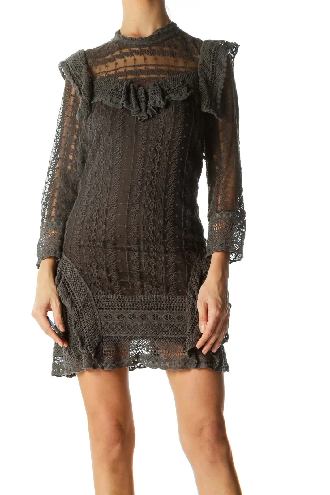 Brown Lace Knit Mini Dress