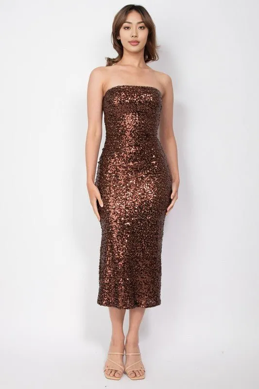 Brown Sequin Strapless Midi Dress