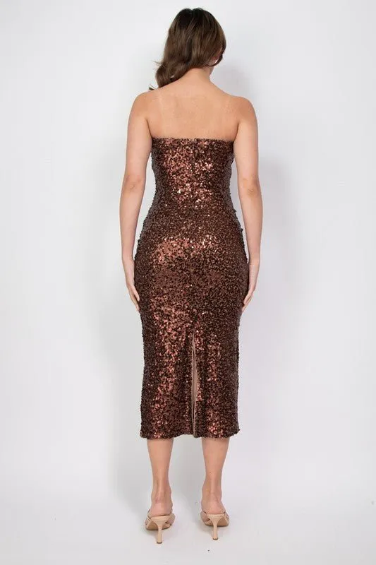 Brown Sequin Strapless Midi Dress