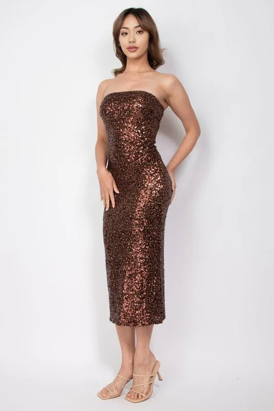 Brown Sequin Strapless Midi Dress