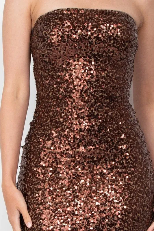 Brown Sequin Strapless Midi Dress