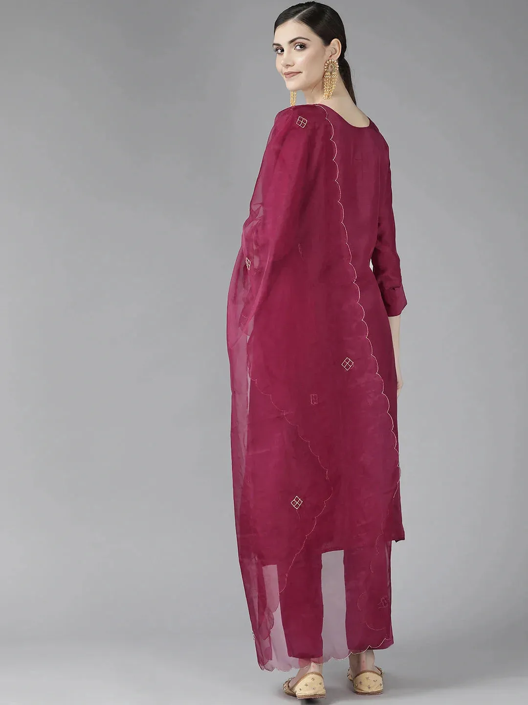 Burgundy Ethnic Motifs Yoke Design Dupatta Set