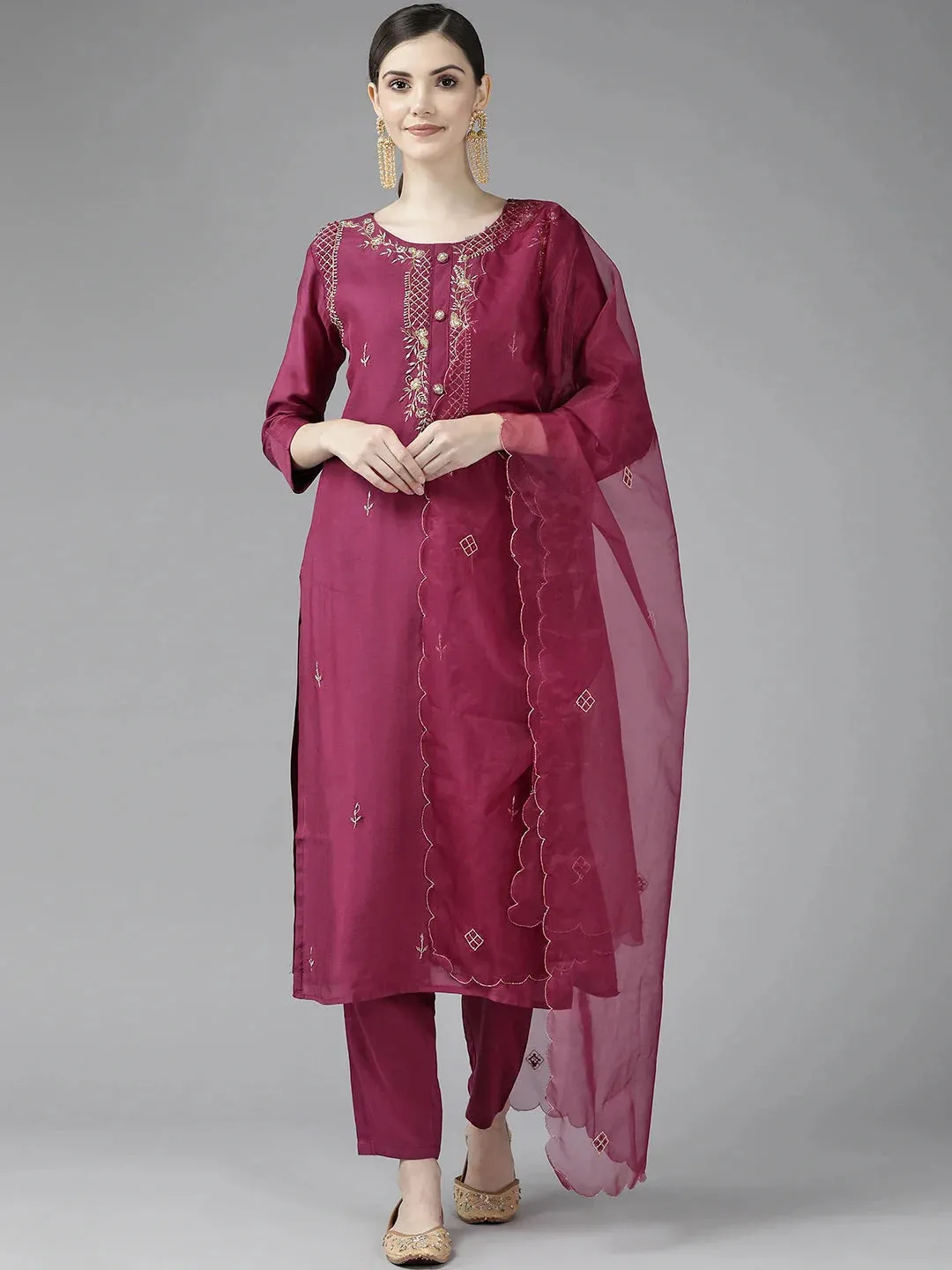 Burgundy Ethnic Motifs Yoke Design Dupatta Set