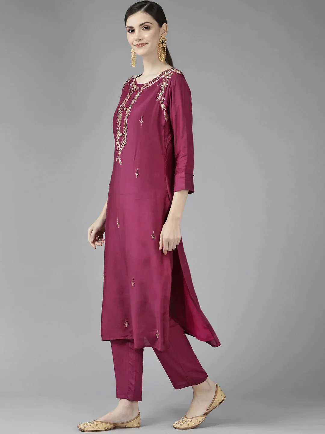 Burgundy Ethnic Motifs Yoke Design Dupatta Set