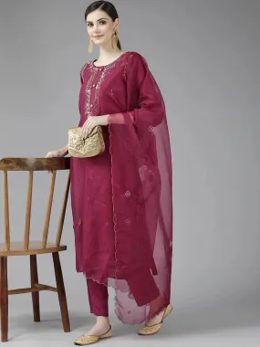 Burgundy Ethnic Motifs Yoke Design Dupatta Set
