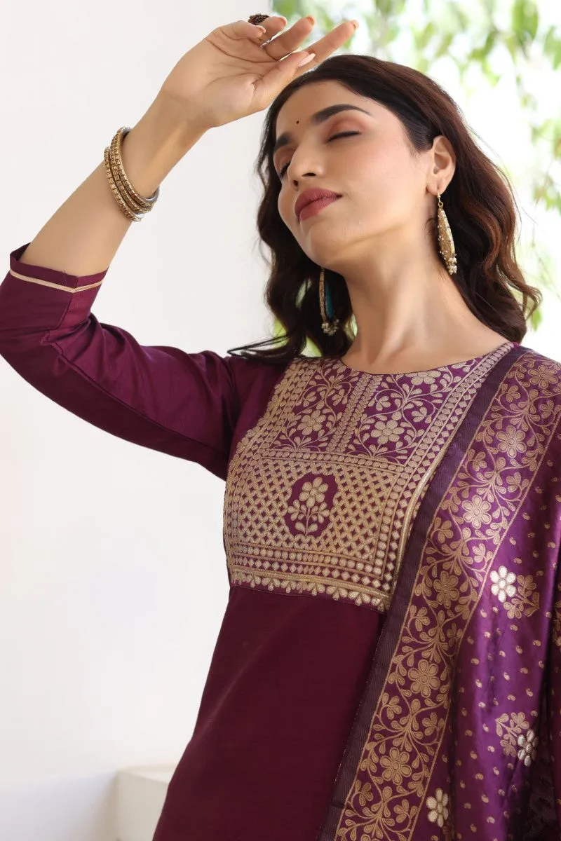 Burgundy Poly Silk Solid Straight Suit Set
