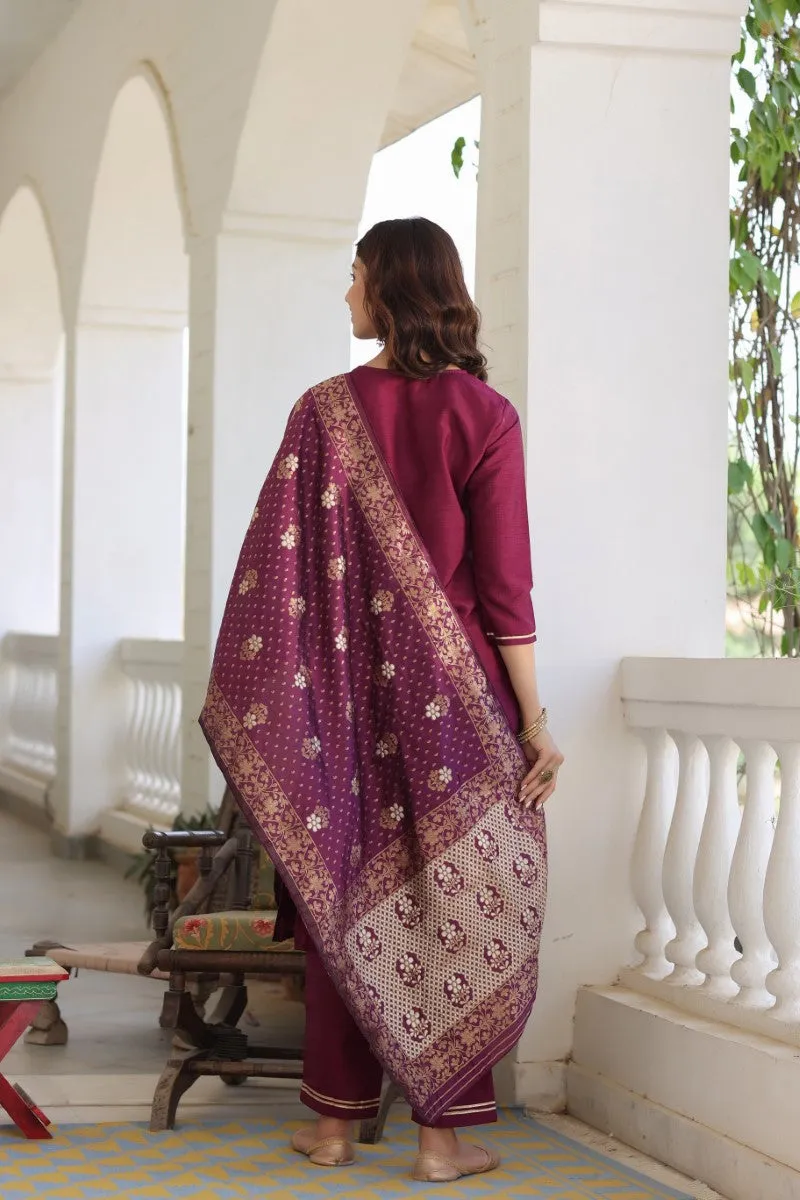 Burgundy Poly Silk Solid Straight Suit Set