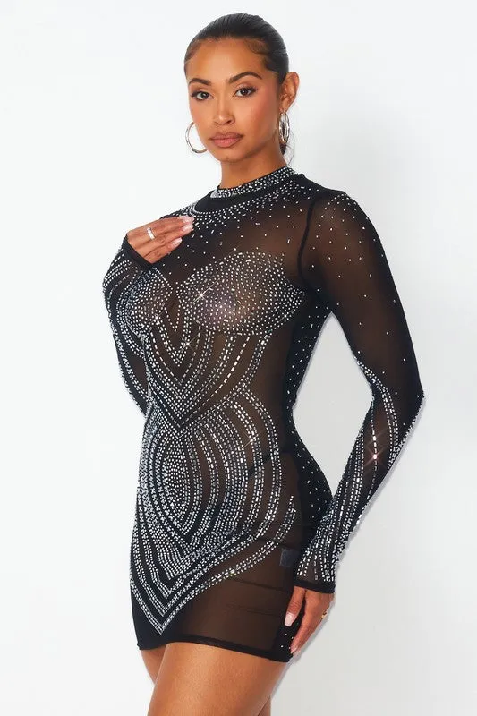 Cady Nylon Knit Rhinestone Bodycon Mini Dress