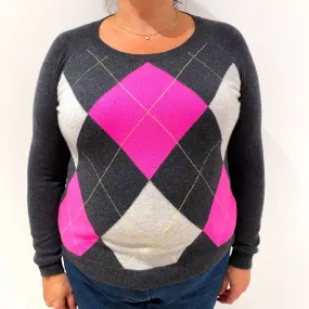 Charcoal Grey and Hot Pink Argyle Cashmere Crew Neck Jumper Extra Large
