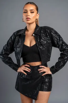 CHIC MARBLE PLEATHER CROPPED JACKET & SKORT SETS