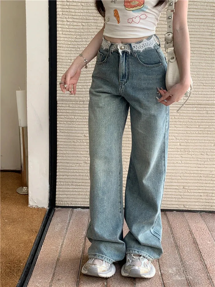Contrast Lace Vintage Wide Leg Streetwear Jeans