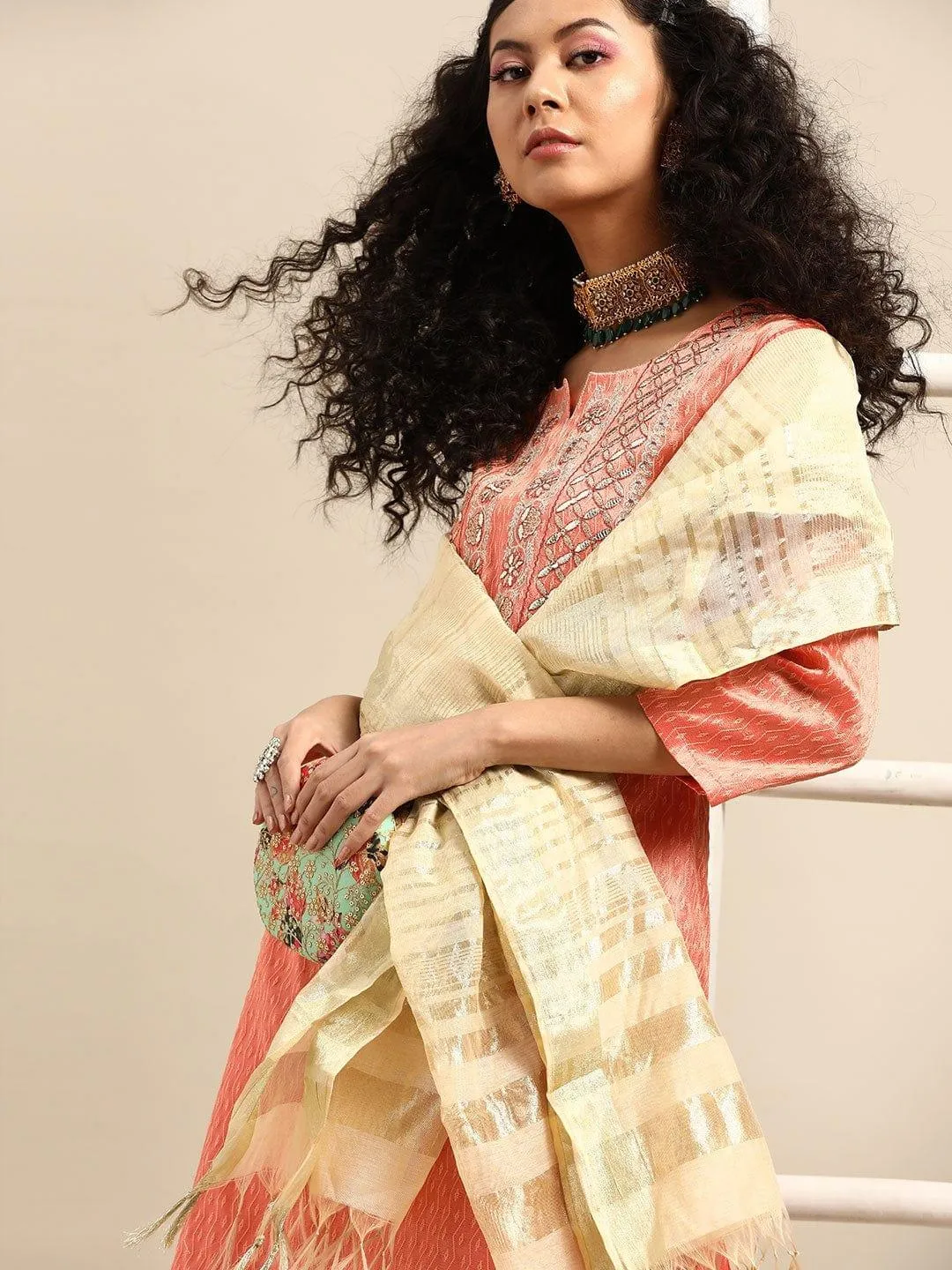 Coral Self Design Kurta with Trousers & Dupatta
