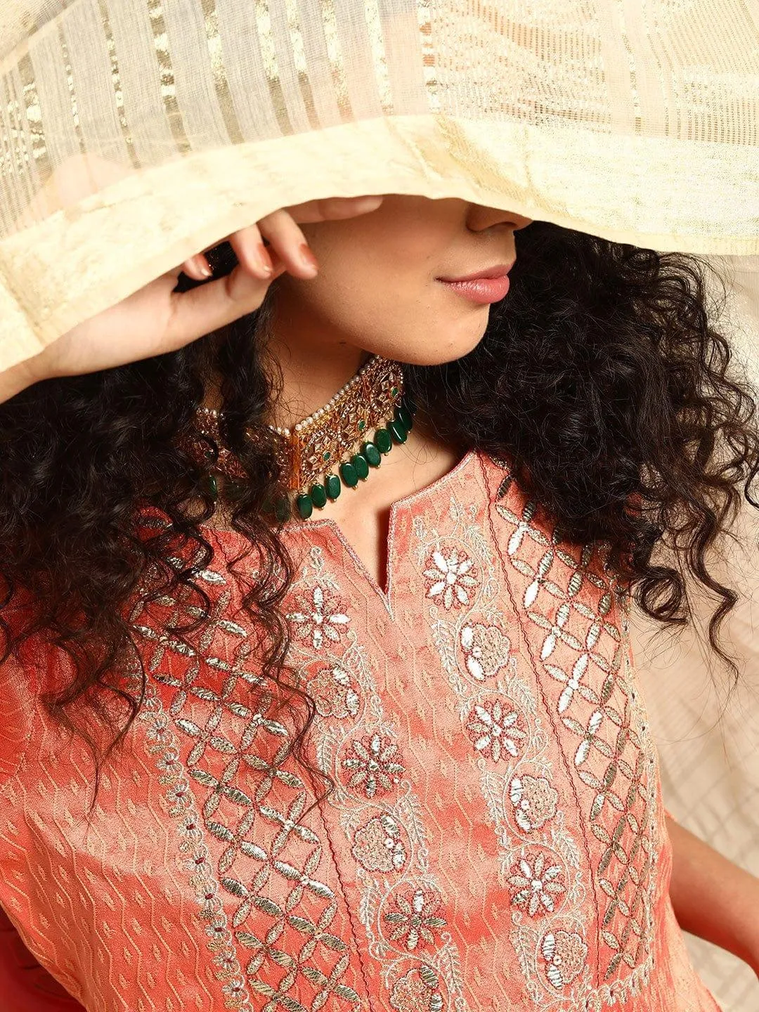 Coral Self Design Kurta with Trousers & Dupatta