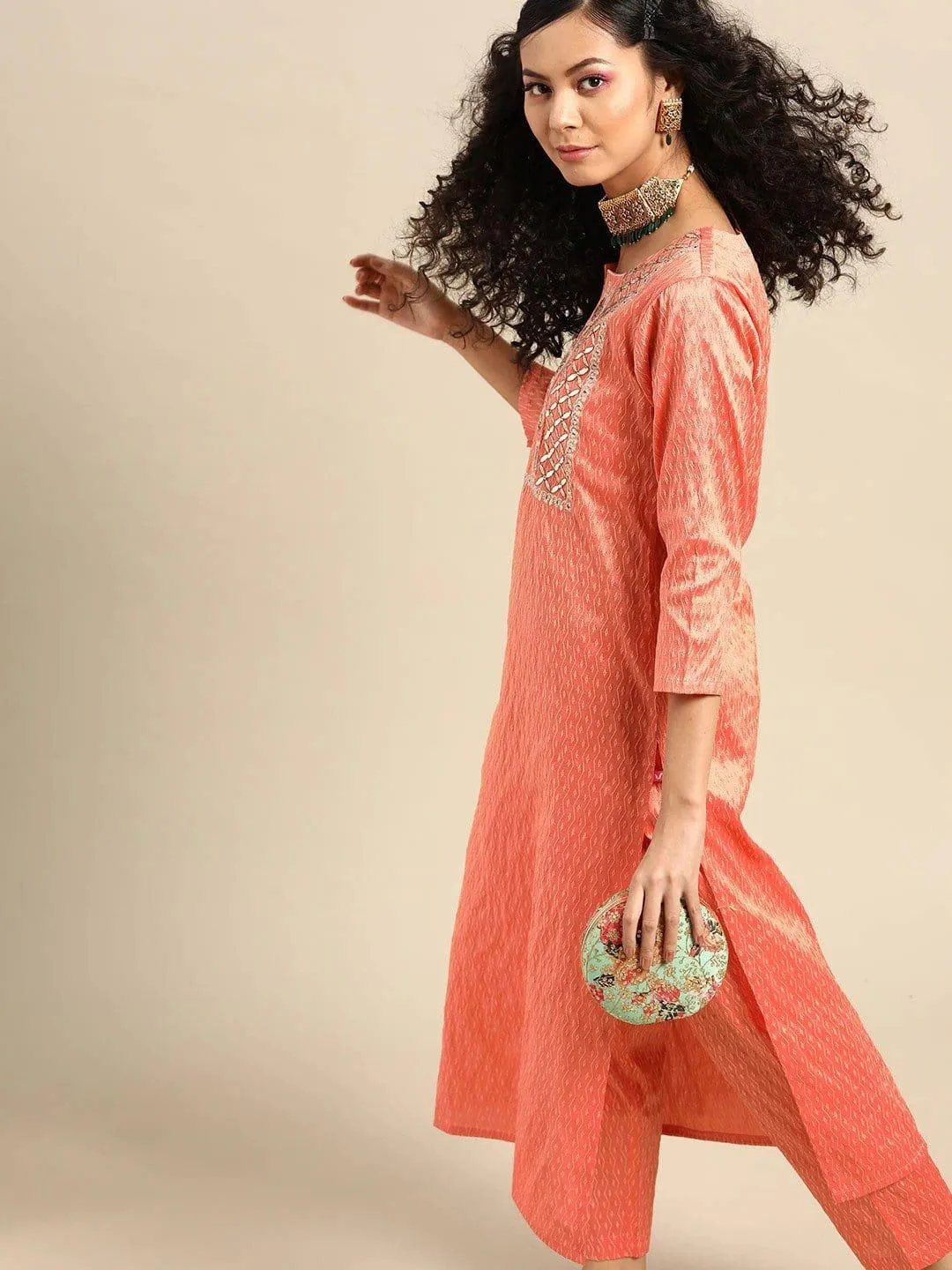 Coral Self Design Kurta with Trousers & Dupatta