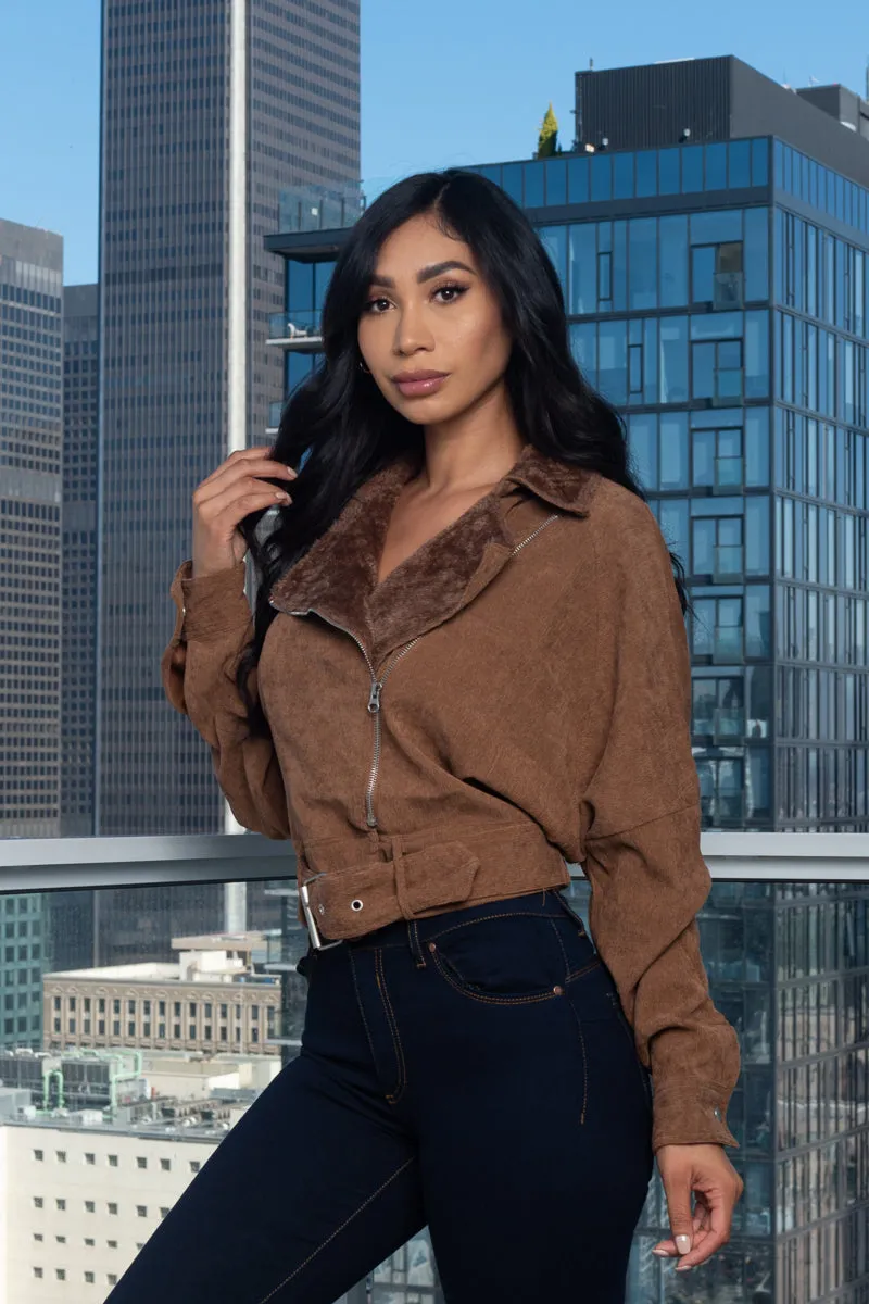 Corduroy Crop Jacket W/Front Fur, Zipper and Buckle closure (HF23A992)