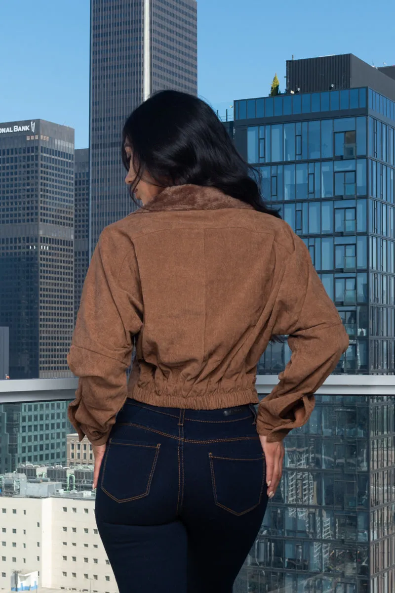 Corduroy Crop Jacket W/Front Fur, Zipper and Buckle closure (HF23A992)
