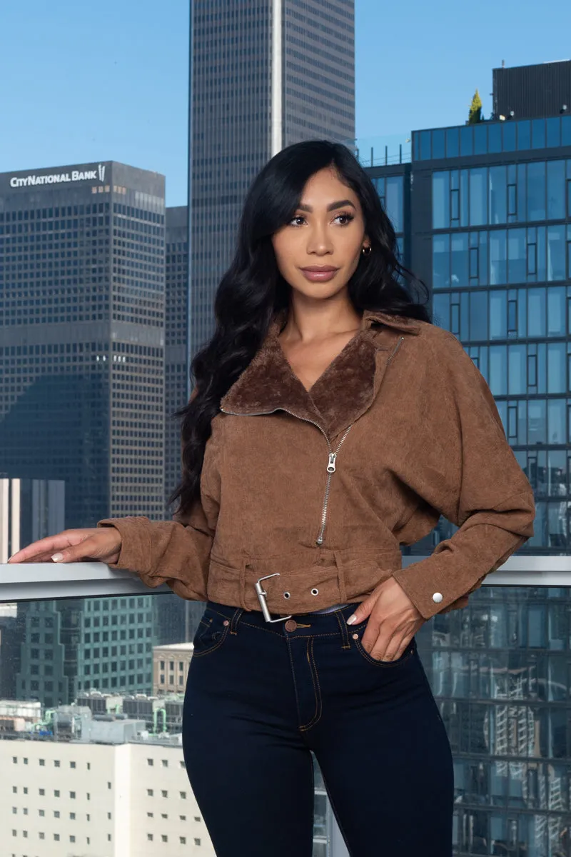 Corduroy Crop Jacket W/Front Fur, Zipper and Buckle closure (HF23A992)