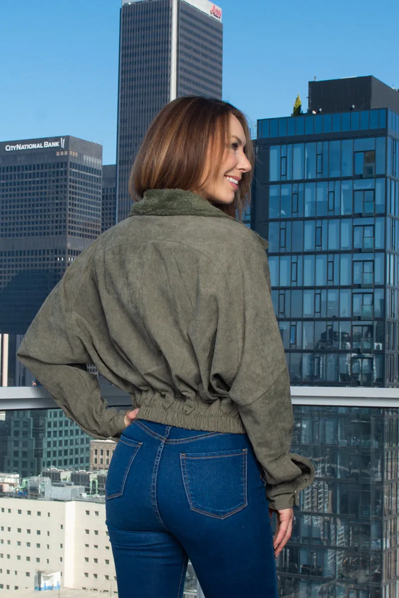 Corduroy Crop Jacket W/Front Fur, Zipper and Buckle closure (HF23A992)