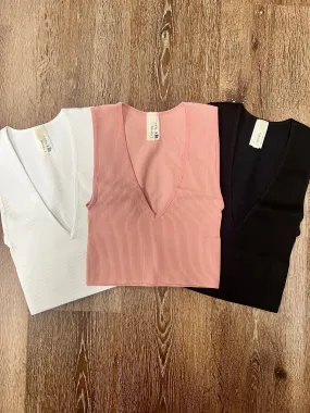 Couldn’t Care Ribbed Deep V-Neck Crop Top