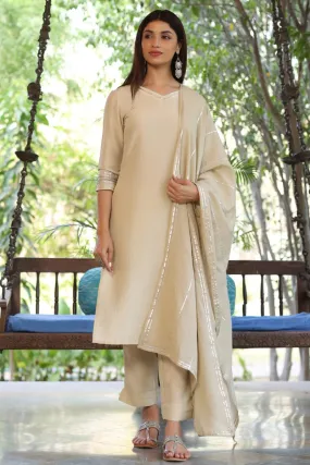 Cream Poly Silk Solid Straight Suit Set