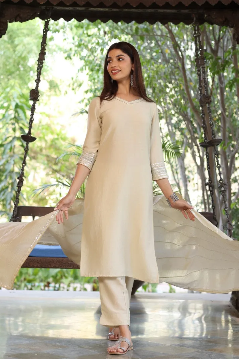Cream Poly Silk Solid Straight Suit Set